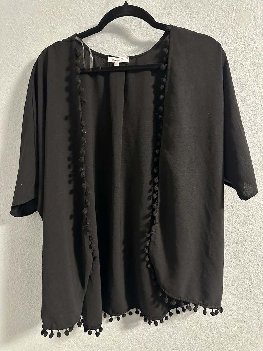 Persaya Girl Black Pom Pom Trim Open Front Kimono Cardigan XXL